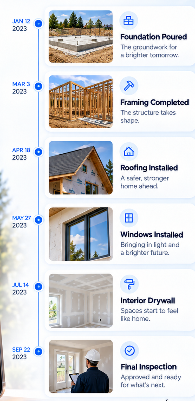 Construction milestones shown as a continuing property timeline